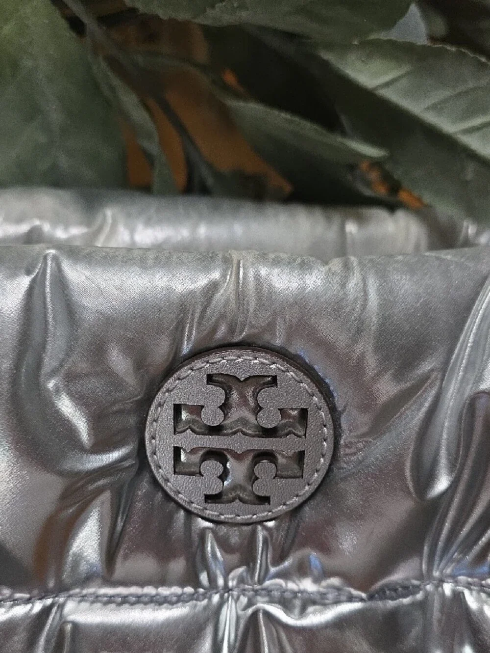 Tory Burch Metallic Silver Quilted Puffer Tote